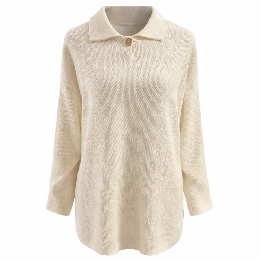VTG Textured Knit Top Collared Pullover‎ Cream Cotton USA Womens Medium Cozycore